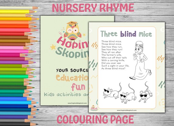 Nursery rhyme colouring page three blind mice coloring page for kids toddler activity colouring sheet preschool worksheet pdf download download now