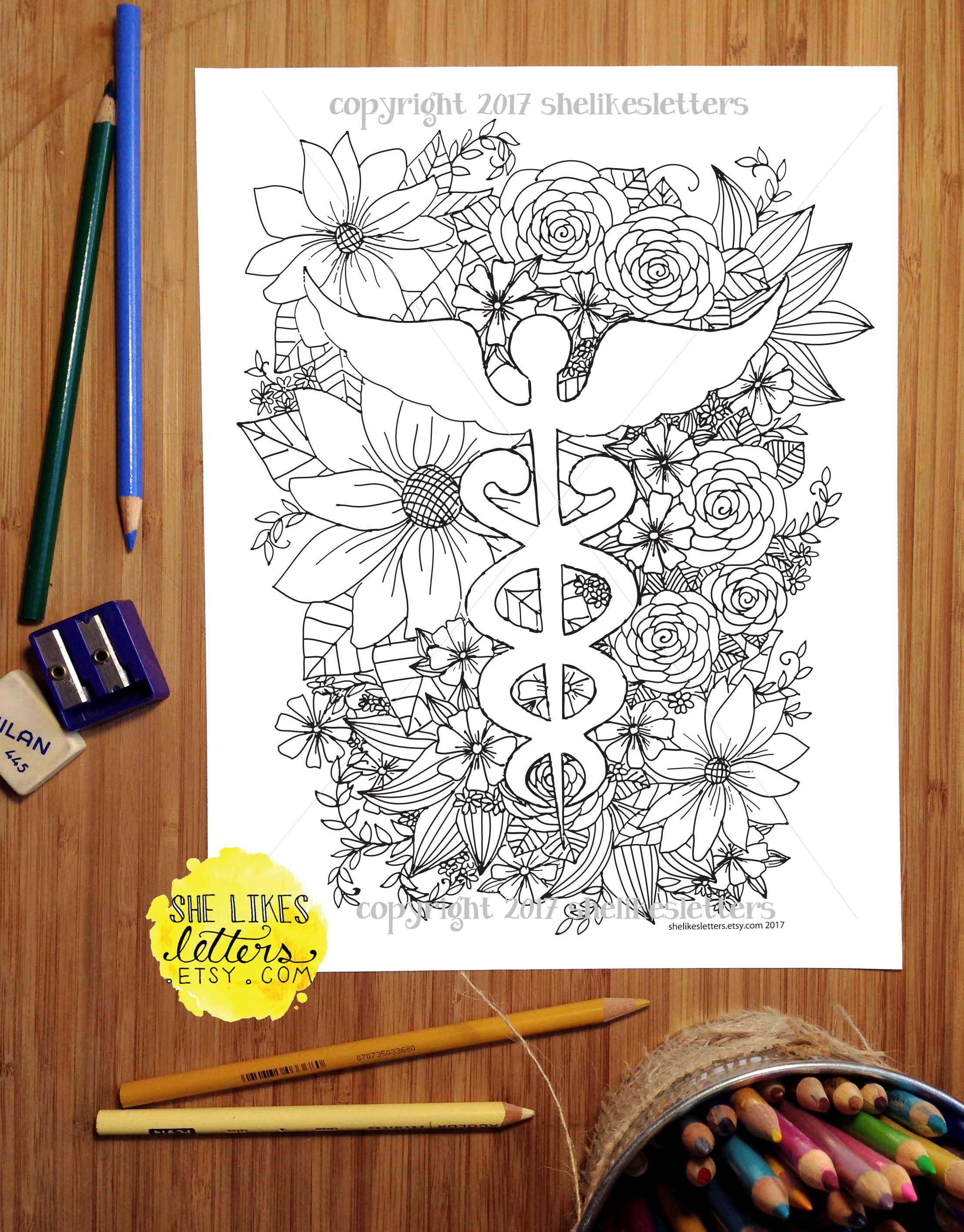 Nurse coloring page medical floral decor adult digital download printable color grown up rn symbol gift physician doctor appreciation er instant download