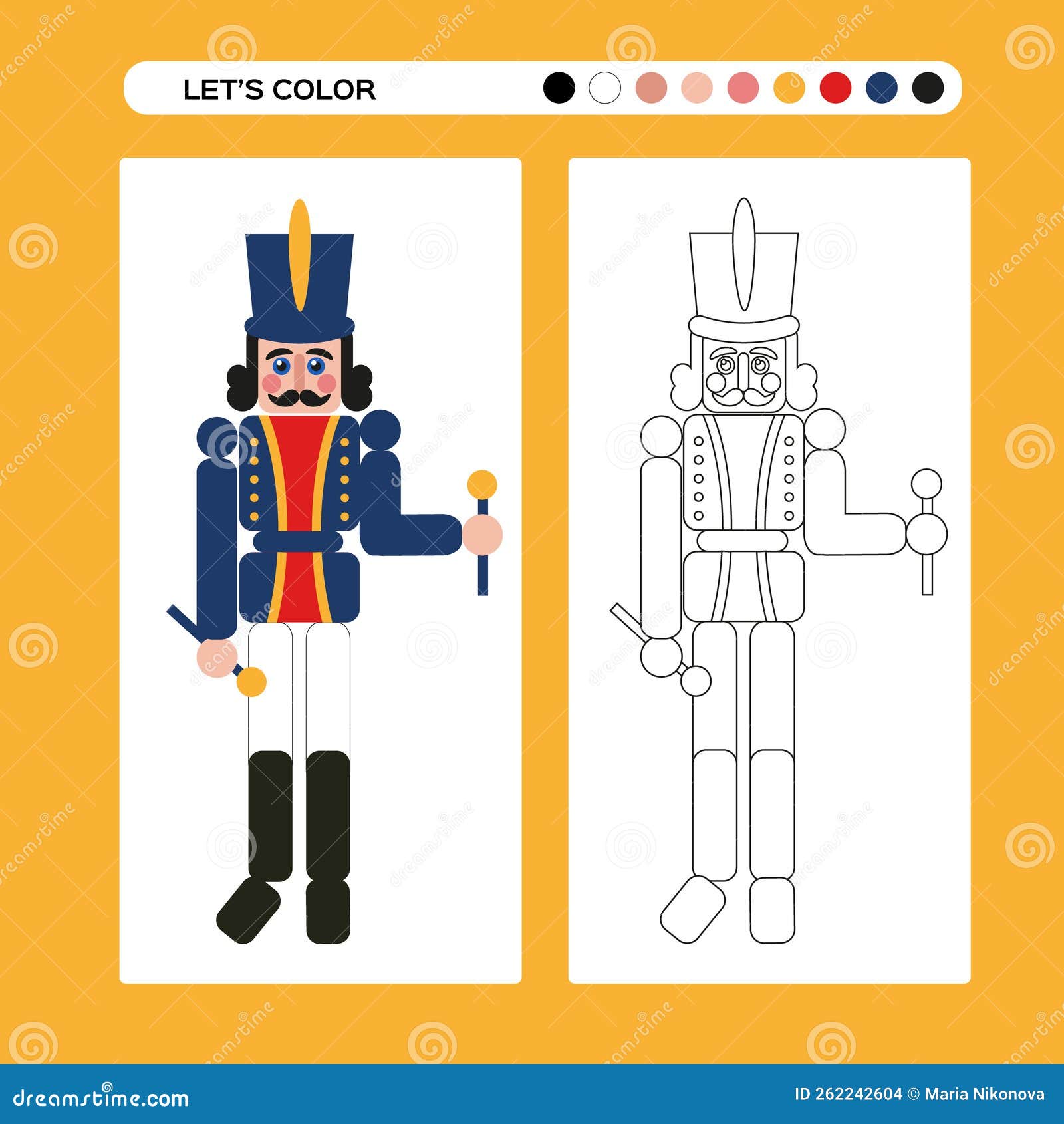 Nutcracker christmas coloring page kids educational game in flat and outline design winter coloring book stock vector