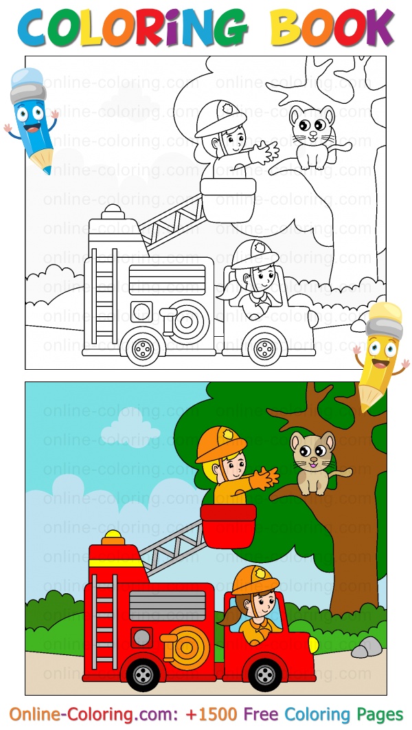 Firefighters rescuing a cat stuck in a tree free online coloring page