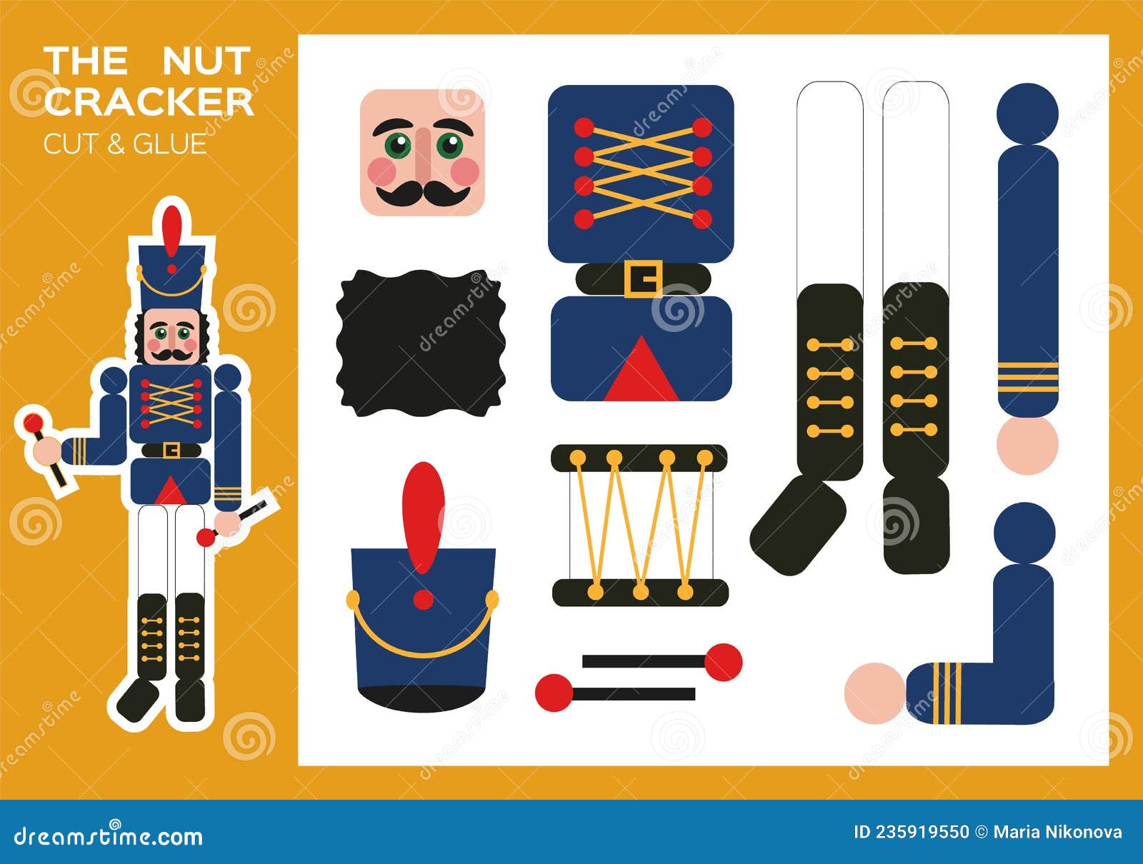 Nutcracker cut and glue traditional new year figurine nutcracker diy soldier worksheets for kids stock vector