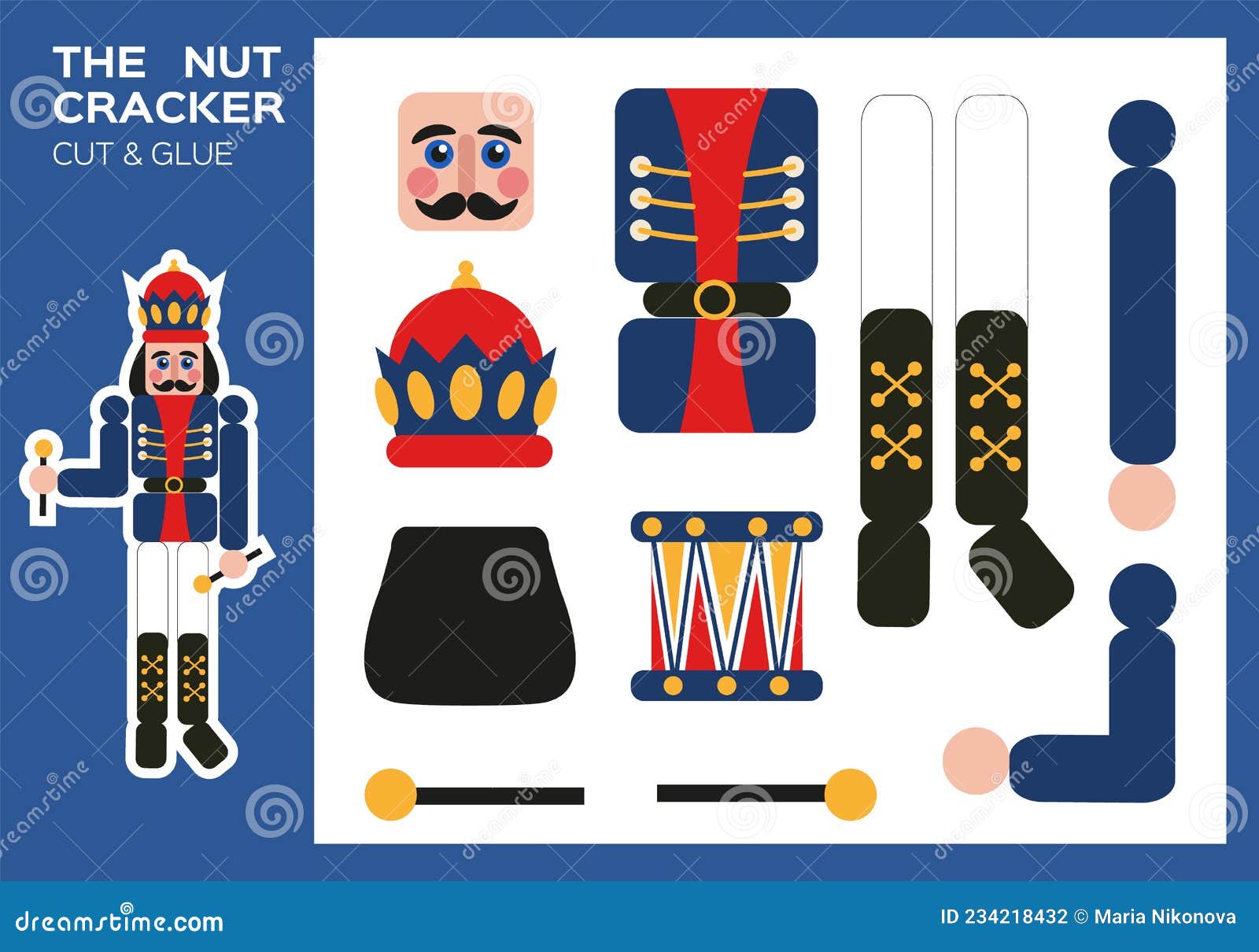 Nutcracker cut and glue traditional new year figurine nutcracker diy soldier worksheets for kids stock vector