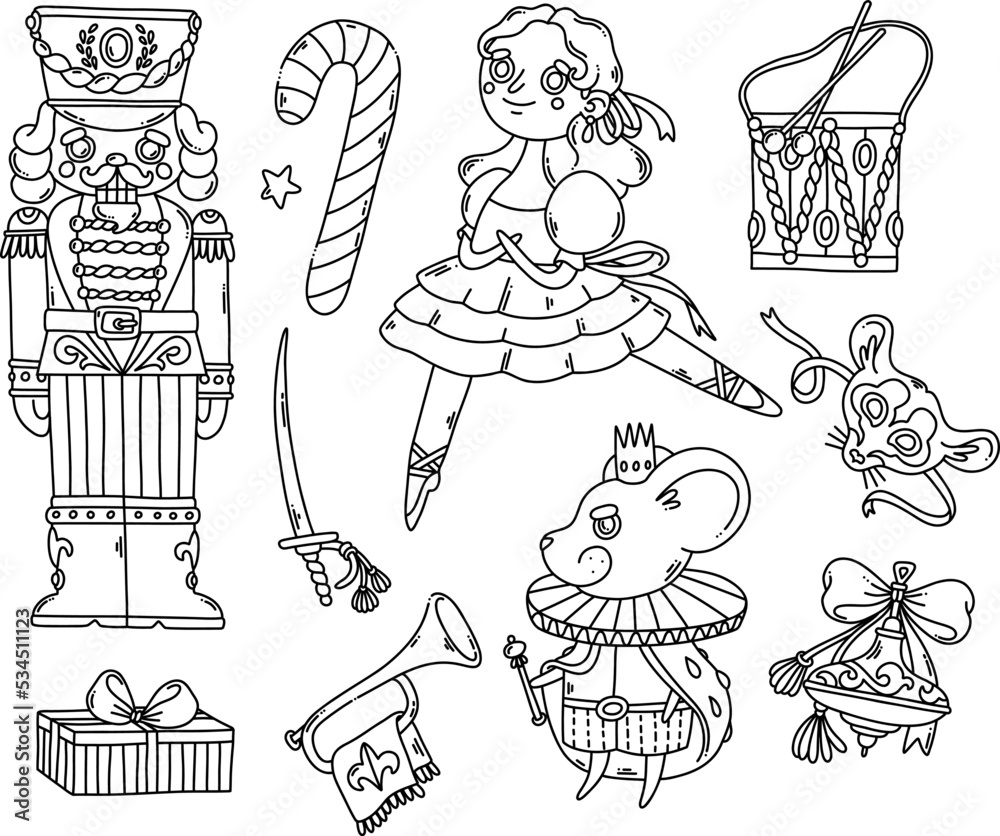 Nutcracker ballet dancer mouse king and christmas elements coloring page black outline vector