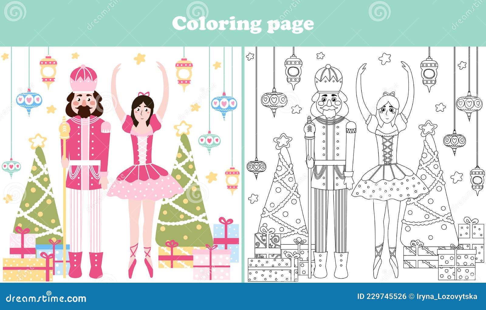 Christmas coloring page with cute nutcracker character and ballerina in cartoon style printable worksheet for kids stock vector