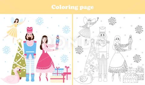 Christmas coloring page with cute nutcracker character and ballerina flying royalty free