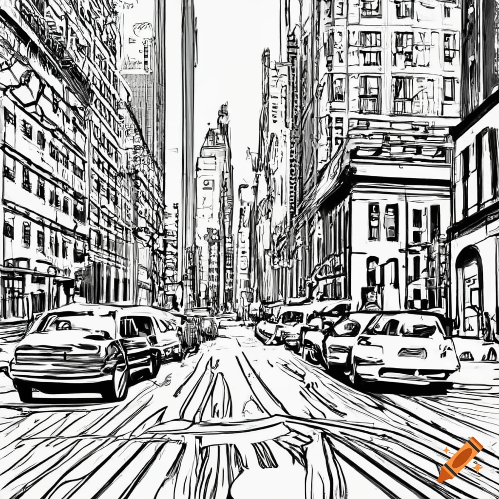 Black and white line drawing of city street in nyc in the style useful for a coloring book on