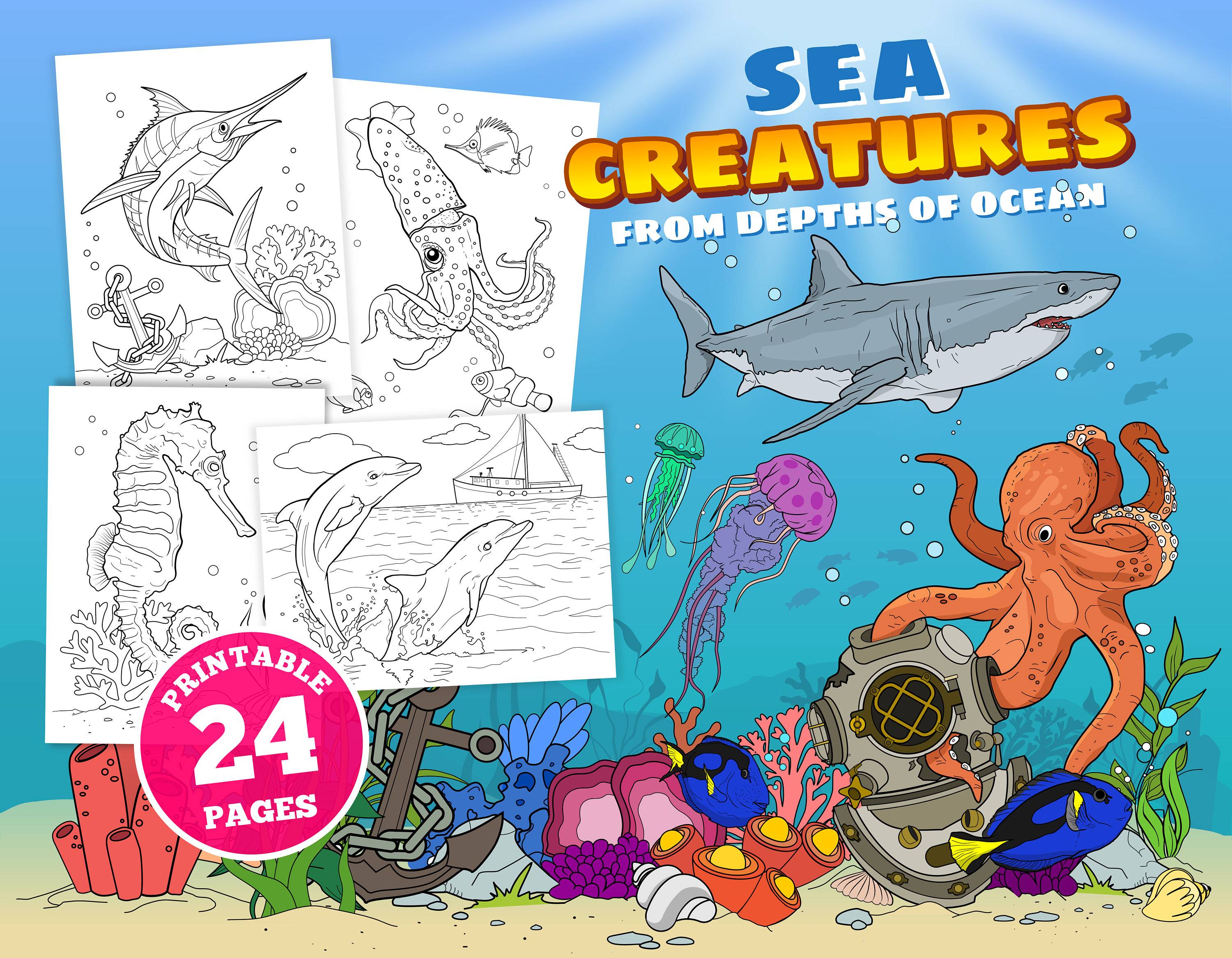 Digital coloring pages for kids sea creatures sea animals tropical fish pdf underwater depths of ocean instant downolad printable