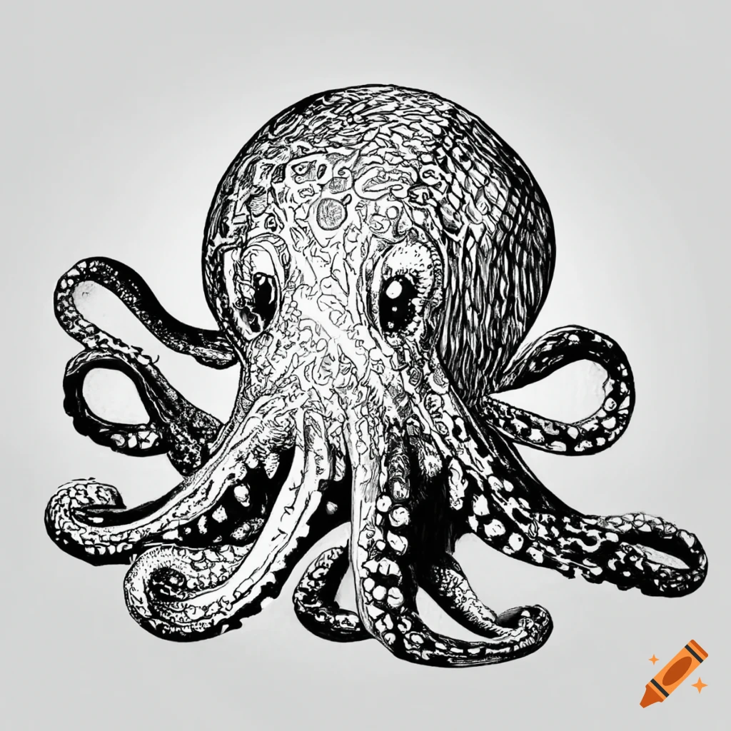 Black white coloring page line drawing octopus on