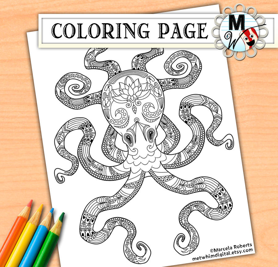 Octopus coloring page nautical lotus flower sea life coloring page instant digital download of printable coloring page for kids adults