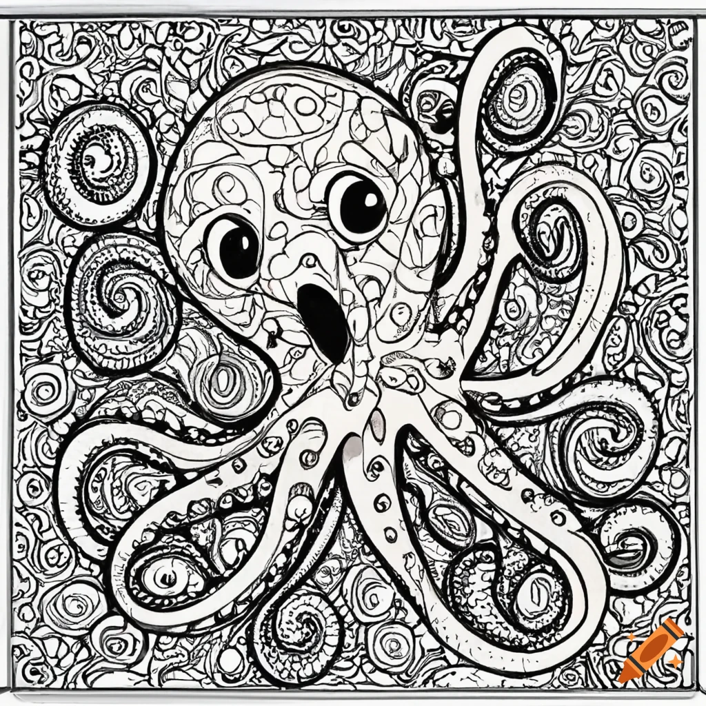 Coloring page of an octopus and tropical fish