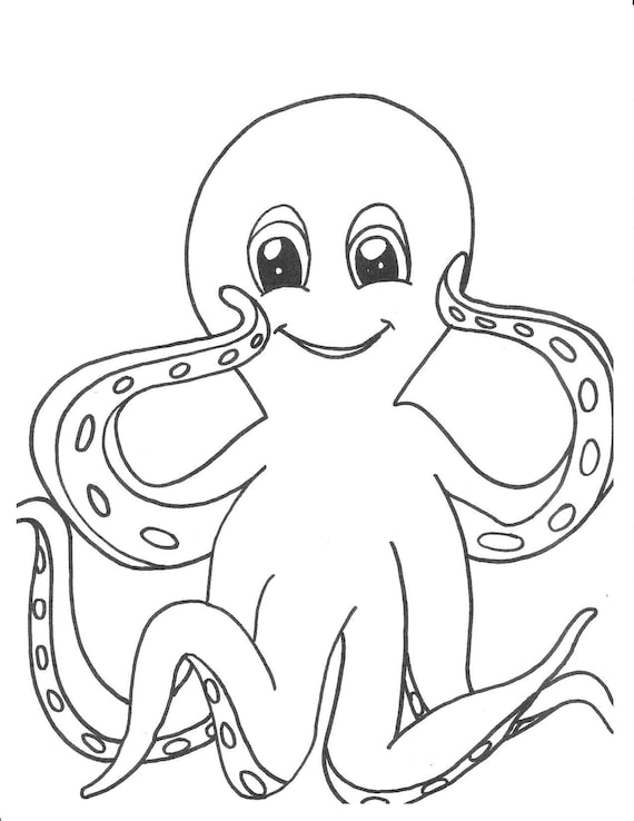 Octopus printable coloring pageoctopusprintablekidscoloringinstant download blackwhitearthandmadehand drawn cartoon instant download