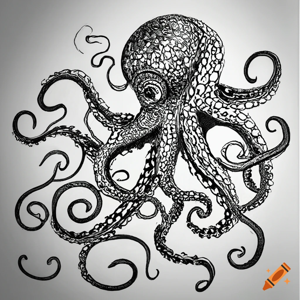 Black white coloring page line drawing octopus on