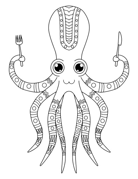 Premium vector hand drawn black and white octopus octopus coloring page outline octopus drawing