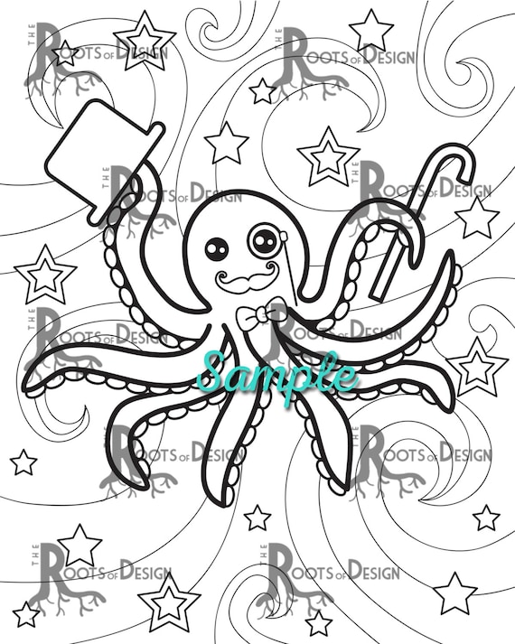 Instant download coloring page octopus with a top hat art coloring print doodle art printable