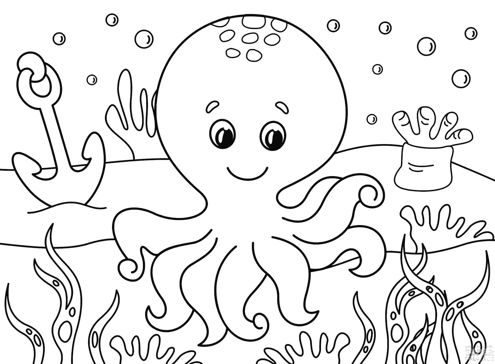 Cute octopus in the sea coloring page