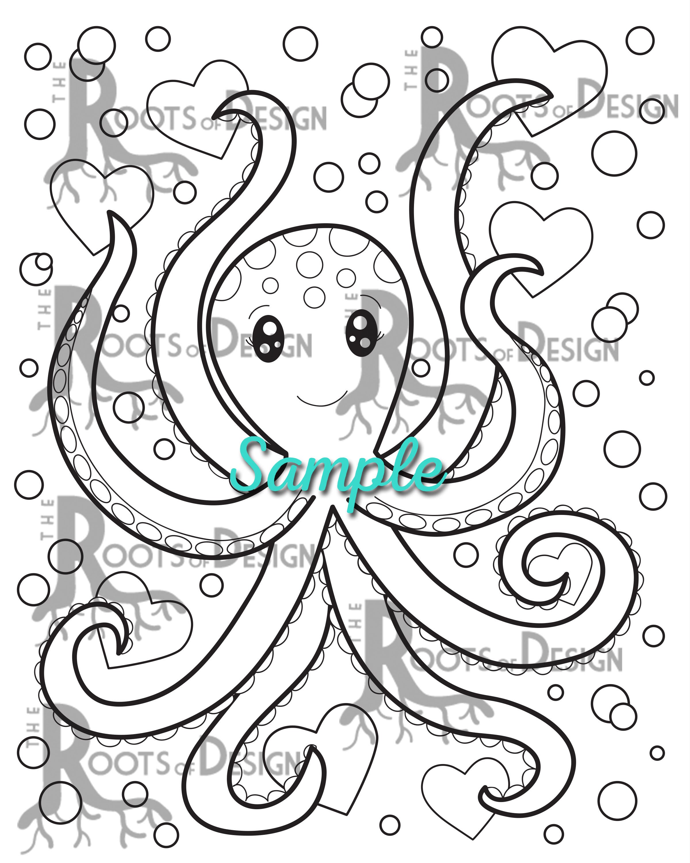 Instant download coloring page octopus love page print doodle art printable