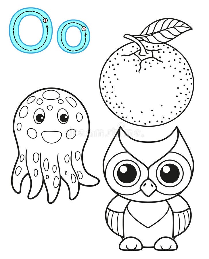 Printable coloring page for kindergarten and preschool card for study english vector coloring book alphabet letter o stock vector