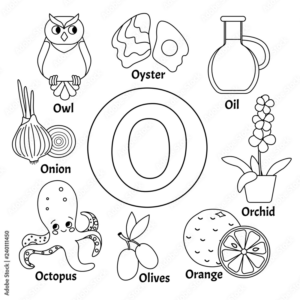 Vector cute kids animal alphabet letter o set of cute cartoon illustrations coloring page vector