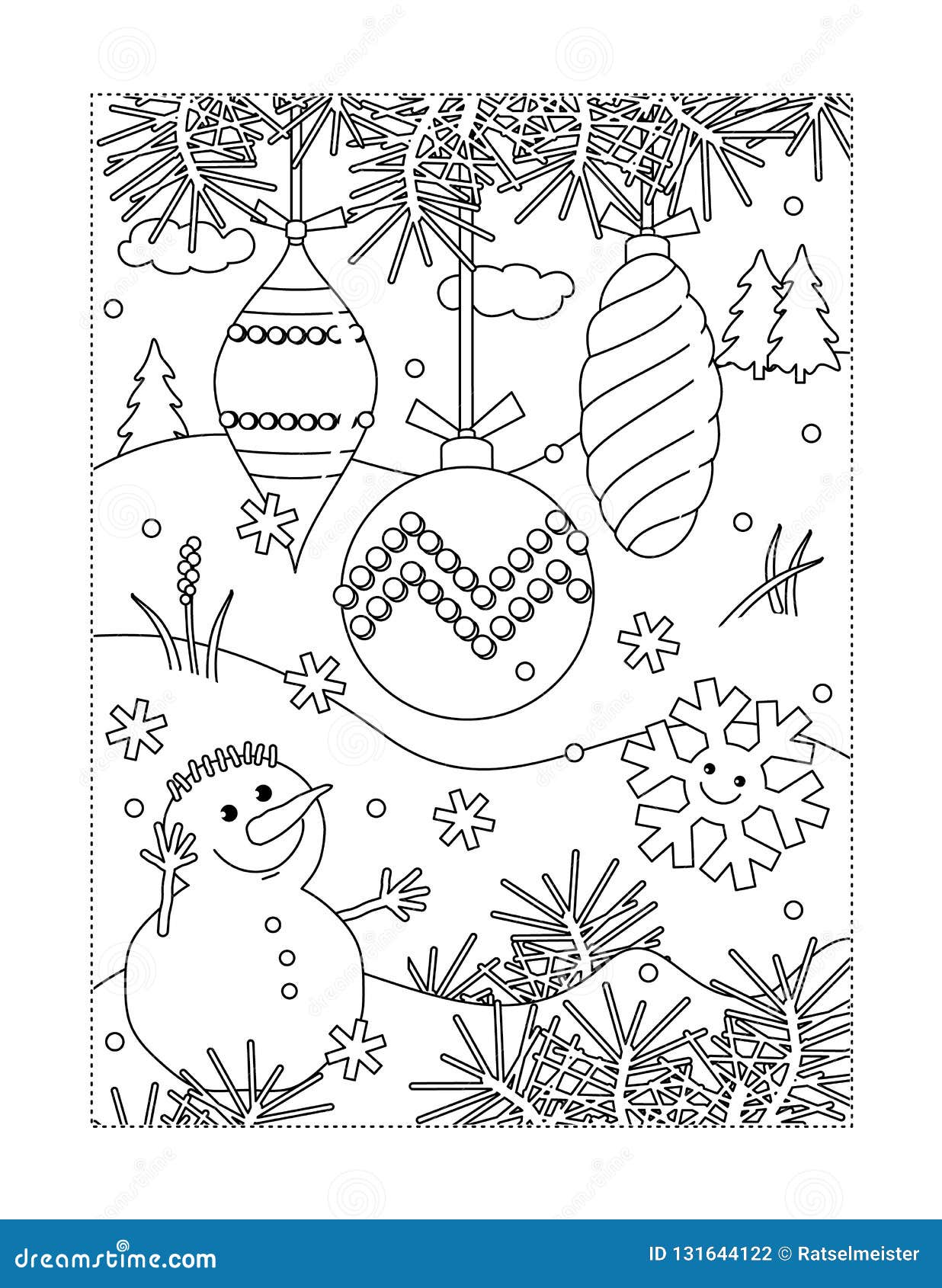 Coloring page with christmas tree ornaments and snowman stock vector