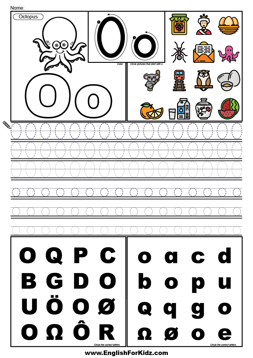 English for kids step by step letter o worksheets flash cards coloring pages