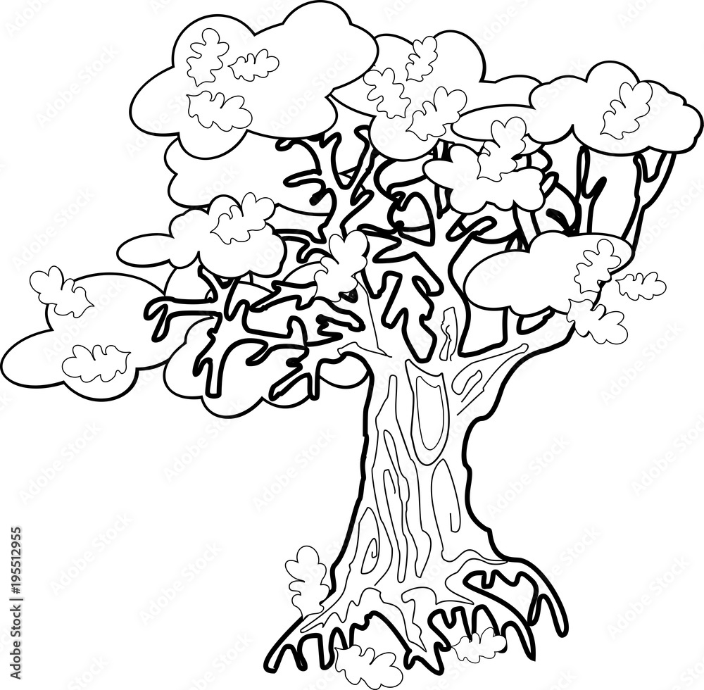 Old oak tree coloring page vector