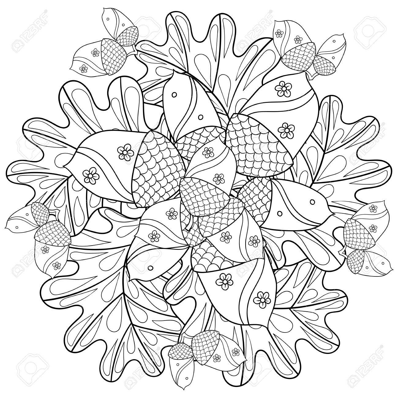 Vector autumn patterned background with oak leaves and trees for adult coloring pages hand drawn artistic monochrome illustration in ethnic doodle design a size royalty free svg cliparts vectors and stock illustration