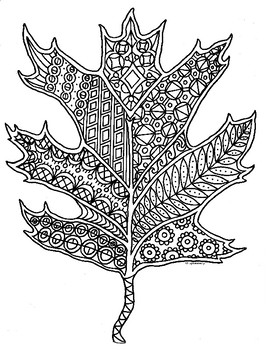 Oak leaf autumn zentangle coloring page by pamela kennedy tpt