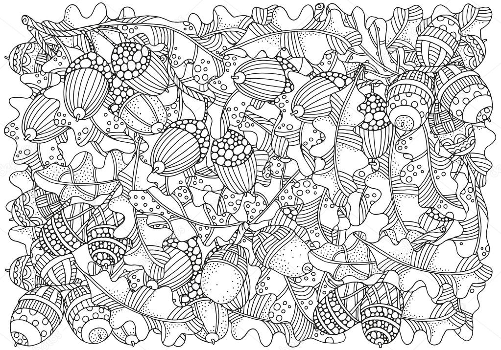 Pattern for coloring book with artistically hand drawn acorns and oak leaves stock vector by imhopeyandexru