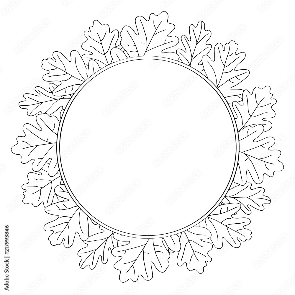 Vector contour oak leaf wreath circle frame border coloring book vector