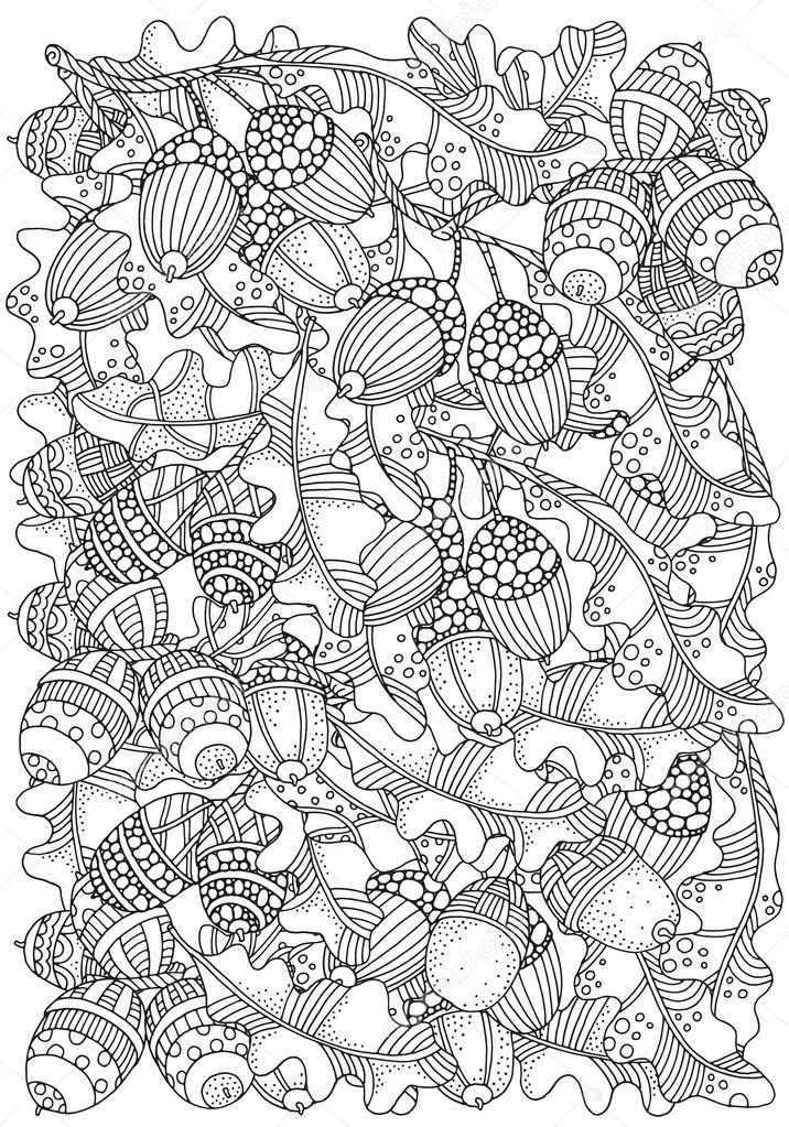 Pattern for coloring book with artistically hand drawn acorns and oak leaves stock vector by imhopeyandexru