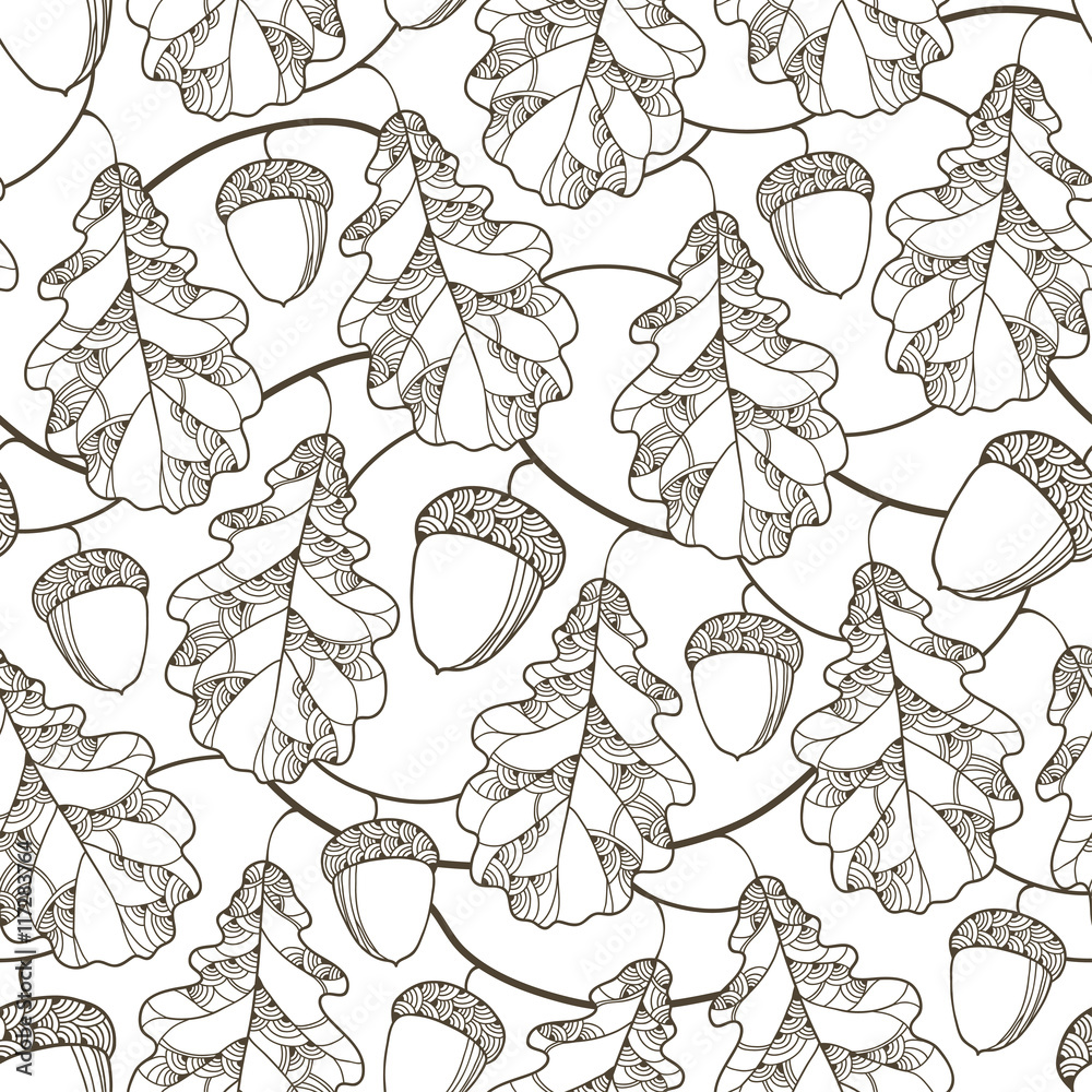 Vector seamless pattern with contour oak leaves branches and acorns on the white background floral elements in linear style autumn background with outline oak leaf and acorn for september design vector