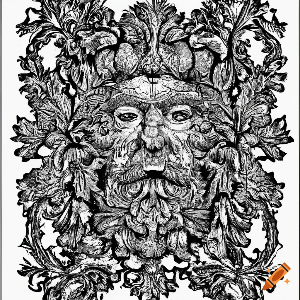 A green man elaborately carved from oak oak foliage oak leaf border detailed exquisite large tilt shift black and white coloring book page on