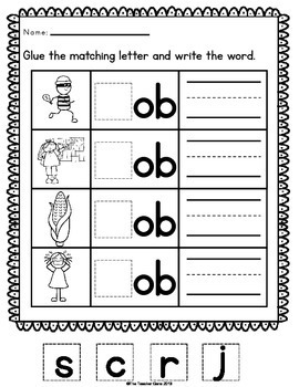 Ob word family cvc word work by the teacher gene tpt