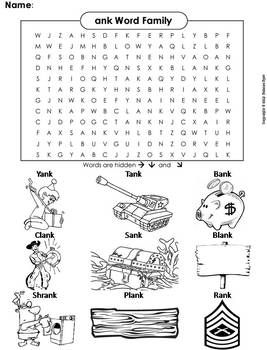 Ank word family activity word search coloring sheet phonics worksheet word families phonics worksheets word family activities