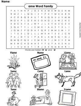 Ame word family activity word search coloring sheet phonics worksheet word families word family activities phonics worksheets