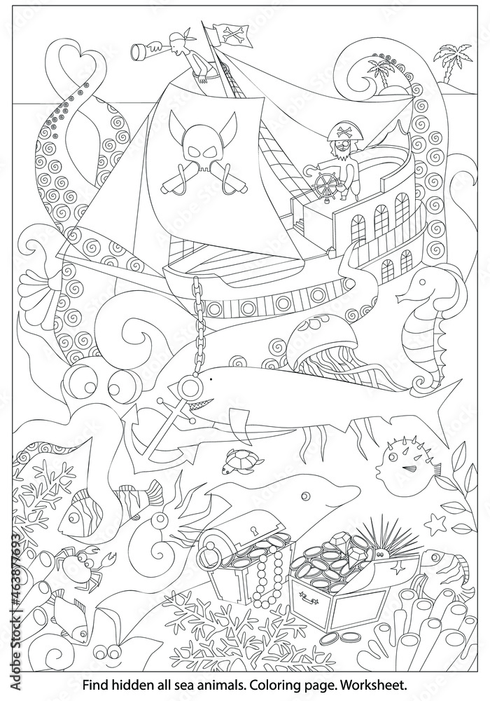 Find and coloring all ocean animals pirates on board fight with octopus on sea marine life search hidden objects in the picture education puzzle sketch vector illustration vector