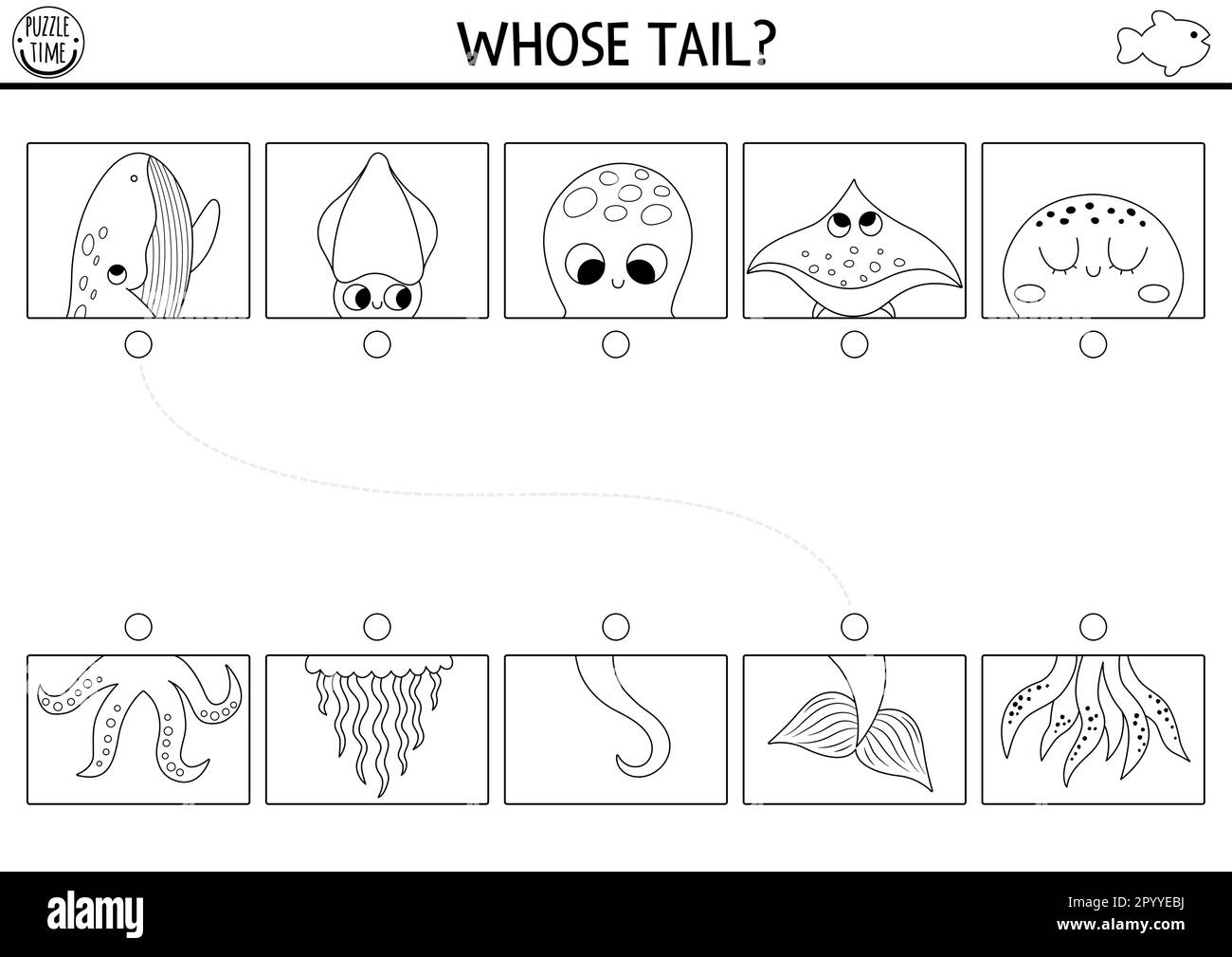 Under the sea black and white connect halves worksheet matching game coloring page for preschool kids with ocean animals match heads and tails lin stock vector image art