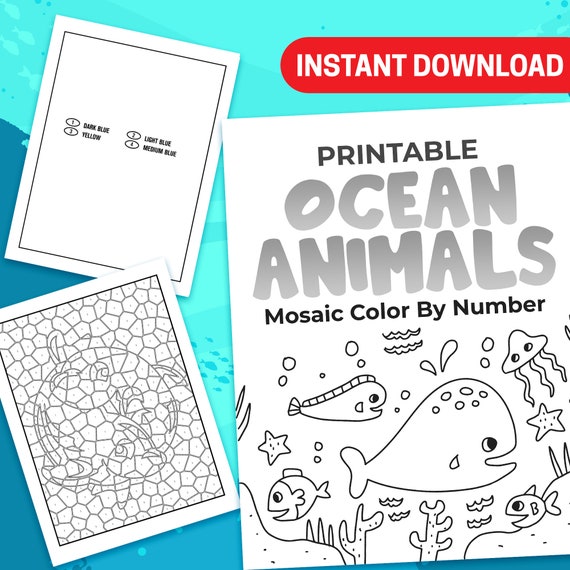 Best value printable ocean animals mosaic color by number instant download coloring pages perfect summer activity with geometric puzzles