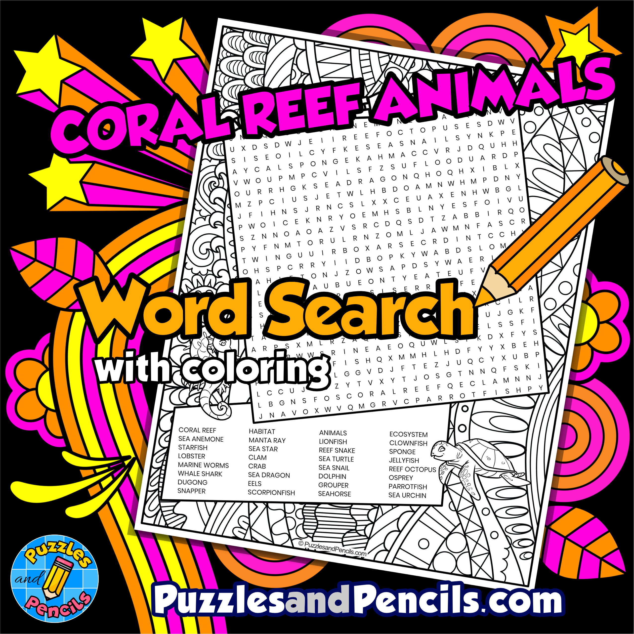 Coral reef animals word search puzzle with coloring coral reef habitat wordsearch made by teachers