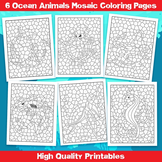 Best value printable ocean animals mosaic color by number instant download coloring pages perfect summer activity with geometric puzzles