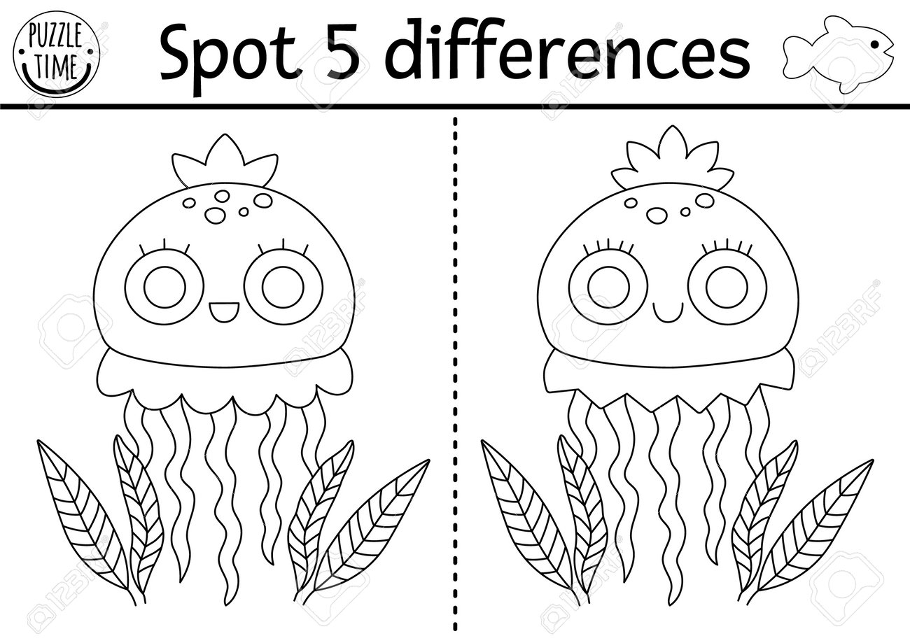 Find differences game for children under the sea black and white educational activity with cute jellyfish ocean life line puzzle for kids with water animal underwater printable coloring page royalty free svg