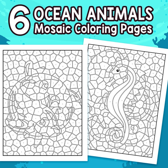 Best value printable ocean animals mosaic color by number instant download coloring pages perfect summer activity with geometric puzzles