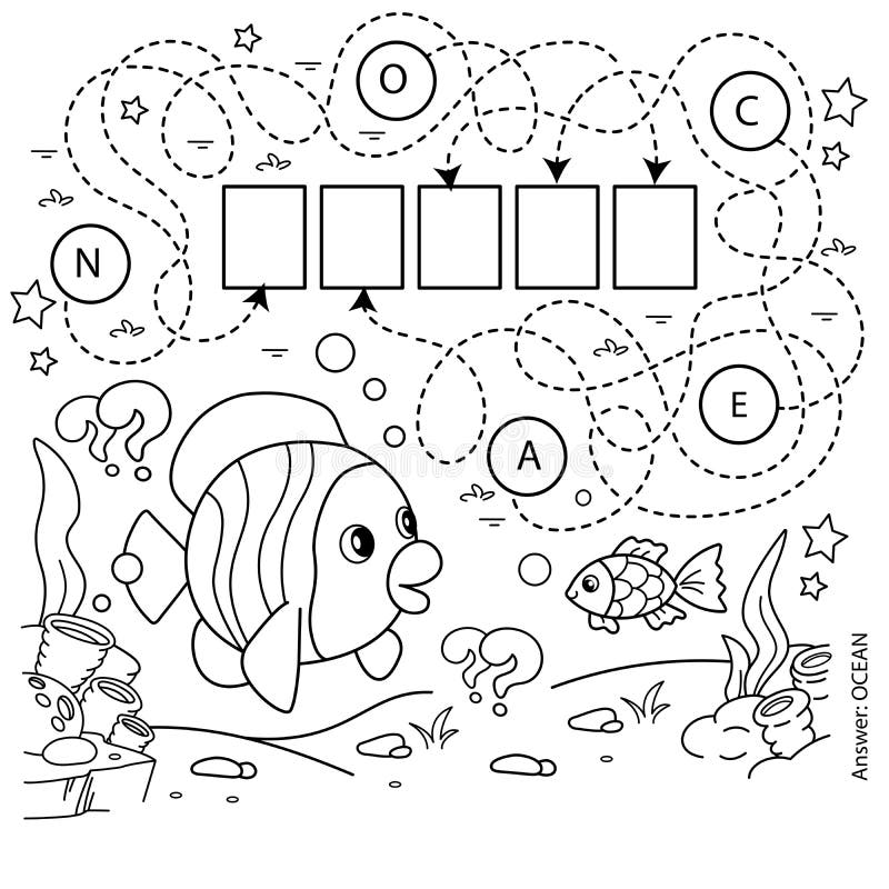 Maze or labyrinth game puzzle coloring page outline of cartoon fishes underwater world stock vector