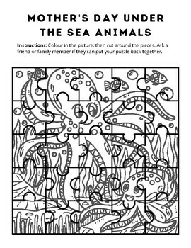 Free mothers day under the sea animals coloring puzzles jigsaw puzzles