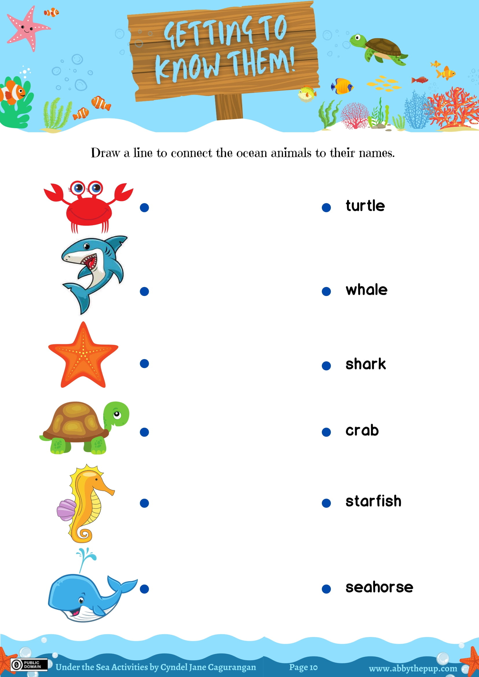 Draw a line to connect the ocean animals to their names free printable puzzle games