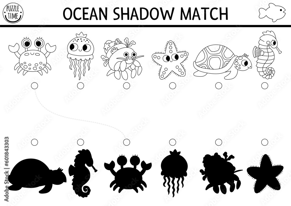 Under the sea black and white shadow matching activity ocean line puzzle with cute crab jellyfish starfish seahorse find correct silhouette printable worksheet water animals coloring page vector