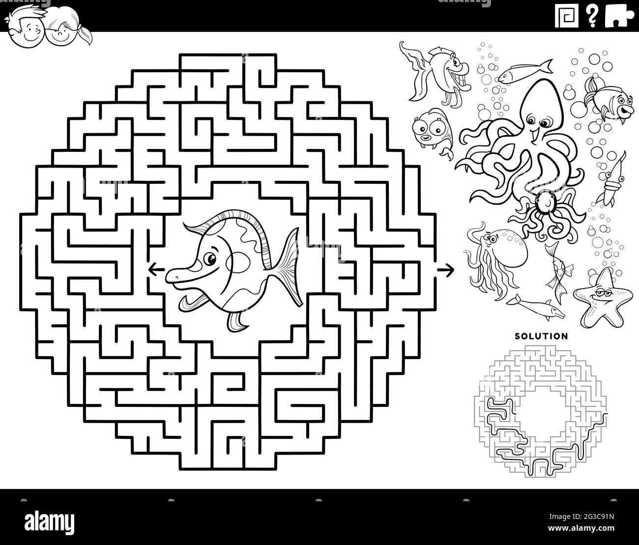 Black and white cartoon illustration of educational maze puzzle game for children with funny fish and sea animals characters coloring book page stock vector image art