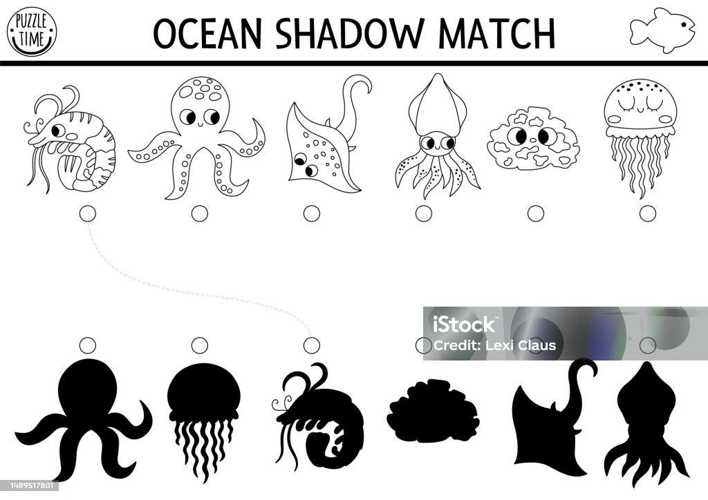 Under the sea black and white shadow matching activity ocean line puzzle with cute octopus squid jellyfish sponge find correct silhouette printable worksheet water animals coloring page stock illustration