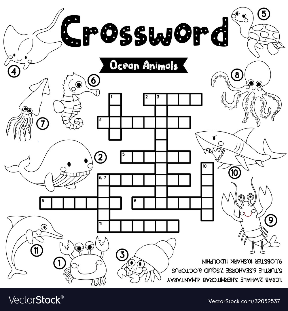 Crossword puzzle ocean animals coloring version vector image