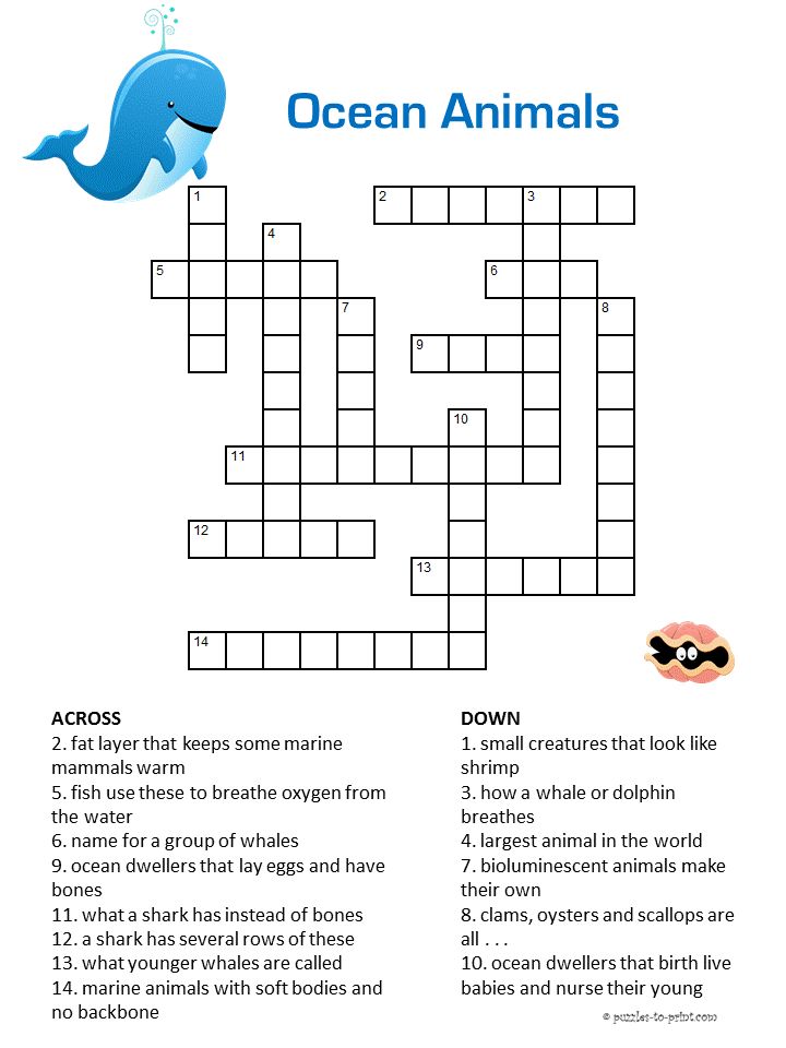 Free printable ocean animals crossword word puzzles for kids printable puzzles for kids crossword